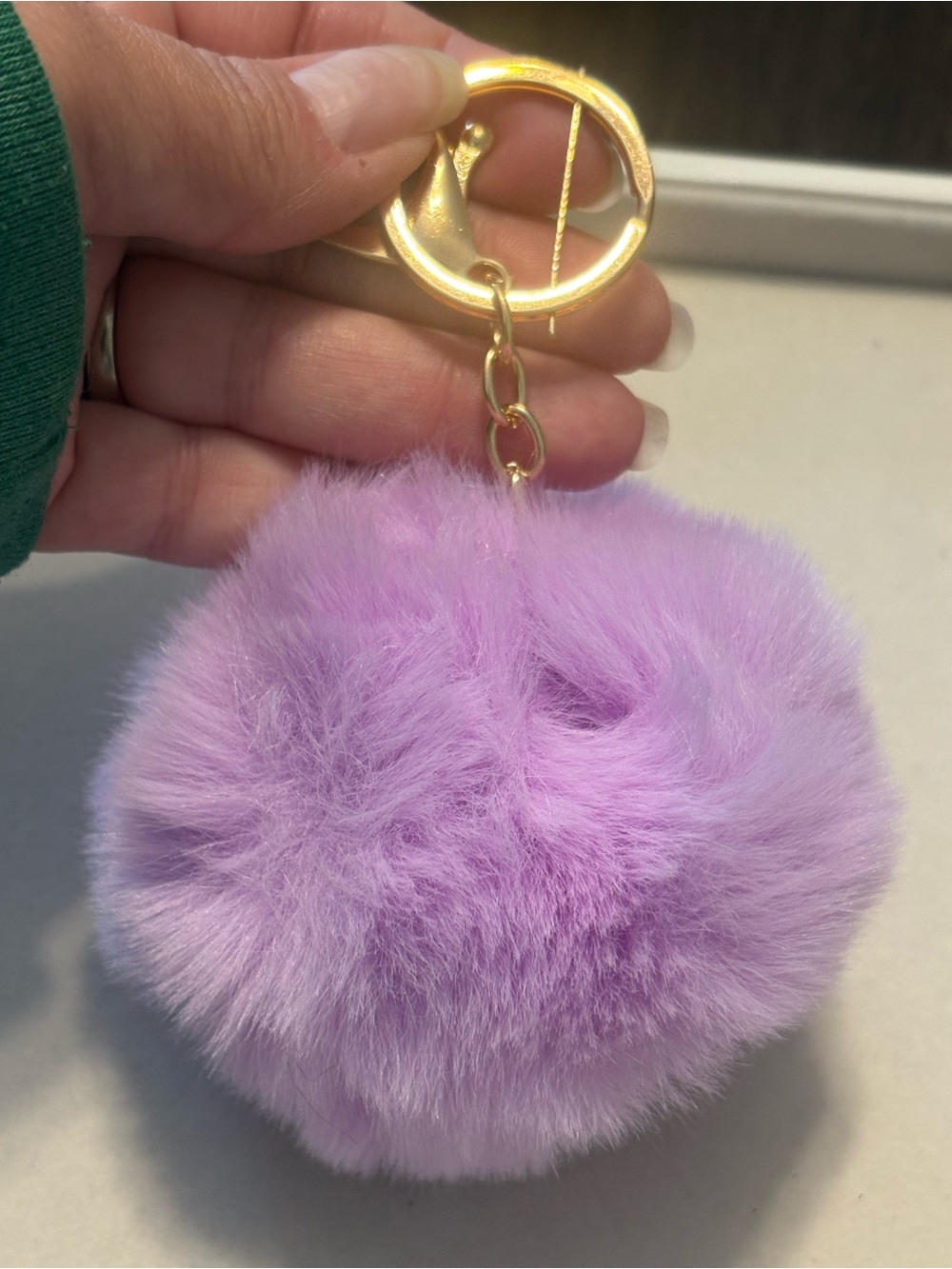 Lavender Faux Fur Pom Pom Keychain with Gold Ring